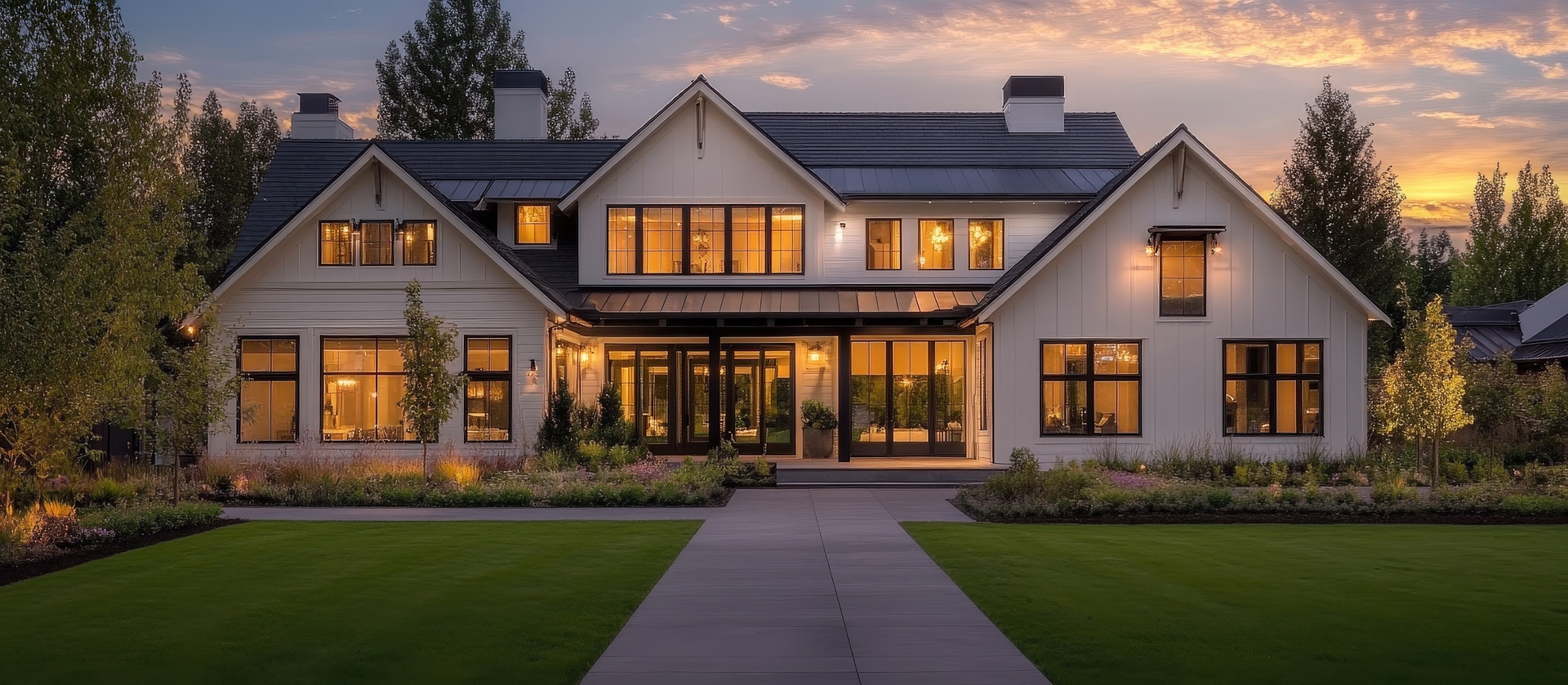 Luxury Pacific Northwest estate at twilight marketed by Brantley Christianson Real Estate
